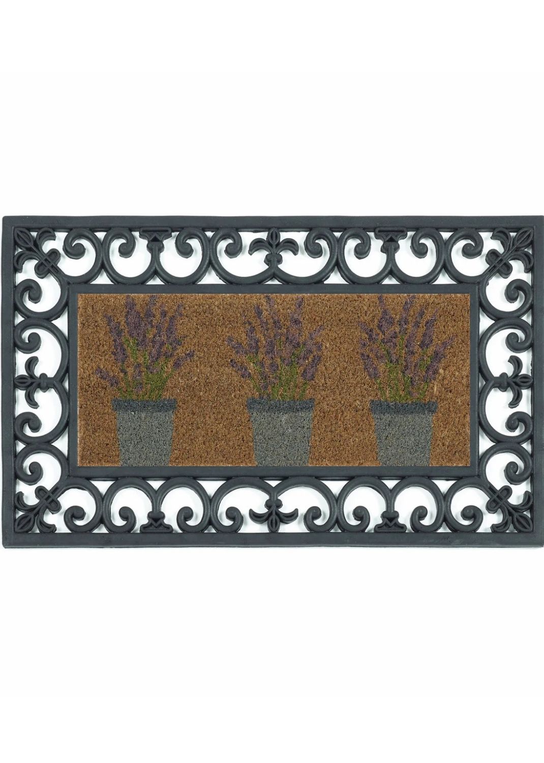 Black wrought iron doormat with outdoor lavender coir insert featuring purple lavender in gray pots and scrollwork border