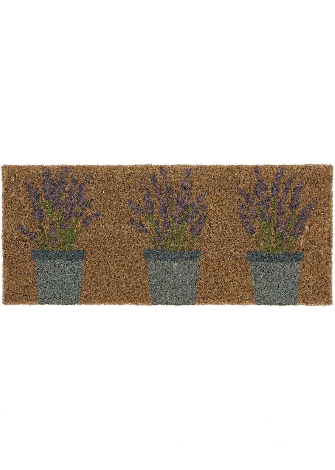 Brown outdoor lavender coir doormat with three gray pots featuring purple blooms and green stems lavender coir insert