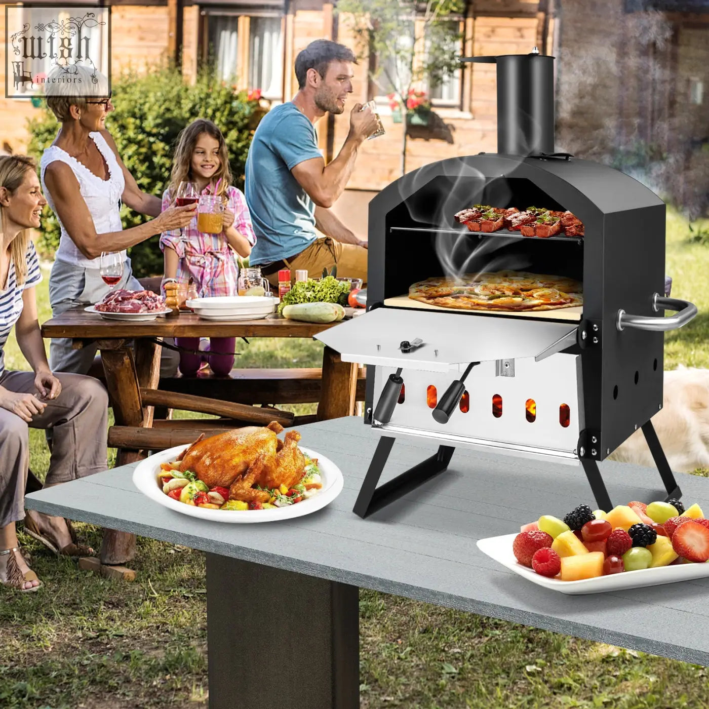 Black and stainless steel outdoor pizza oven with chimney, anti-scalding handles, glowing embers, and pizza stone inside