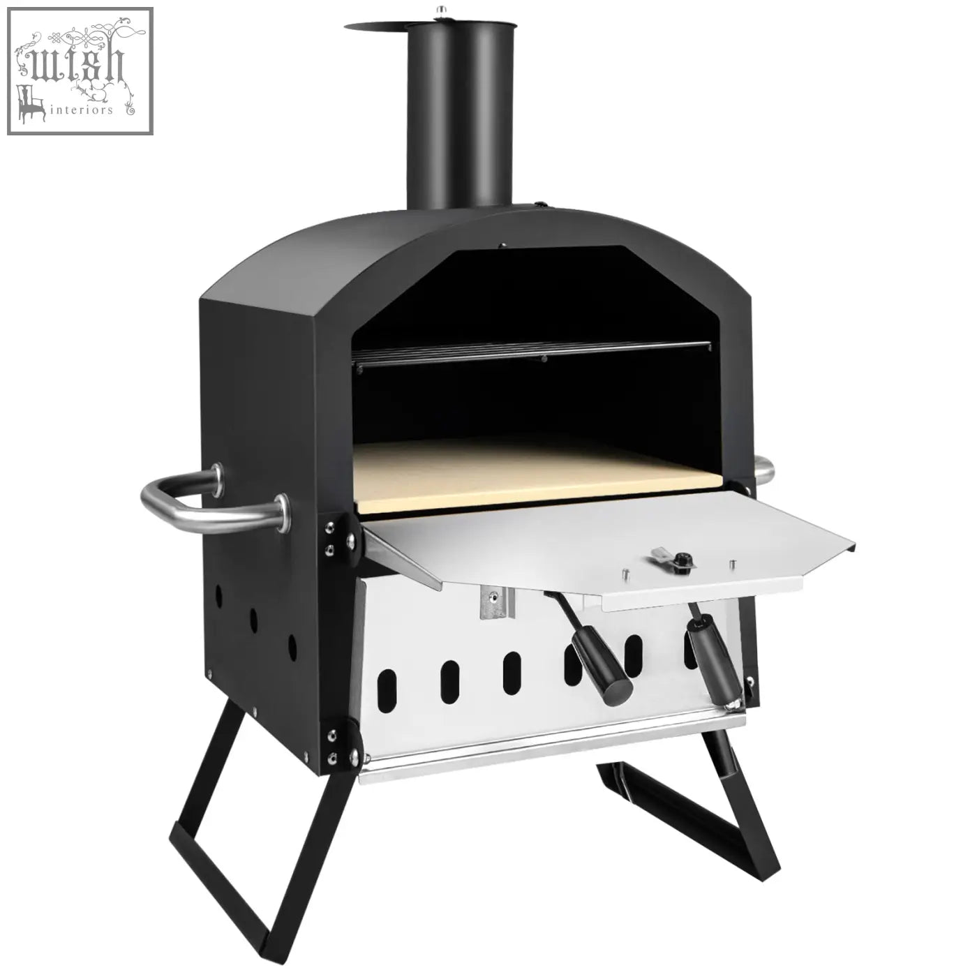Black metal outdoor pizza oven with stainless steel base chimney vent and adjustable temperature controls pizza maker