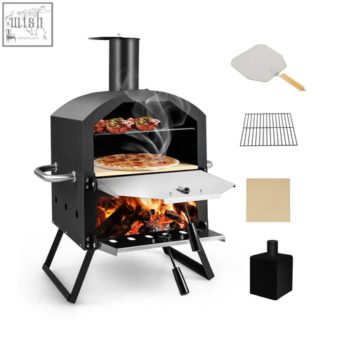 Black steel outdoor pizza oven with fire cooking pizzas featuring waterproof cover and anti-scalding handles pizza stone