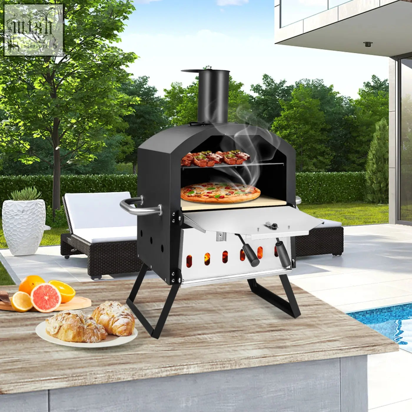 Black stainless steel outdoor pizza oven with chimney and glowing embers featuring anti-scalding handles and pizza stone