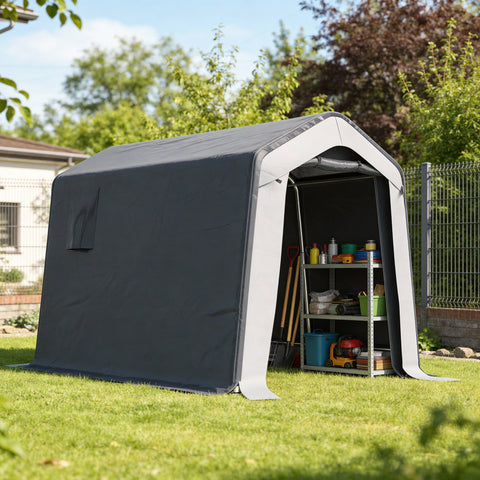 Gray and white inflatable garden storage shed with steel frame and all-weather cover showing garden tools inside
