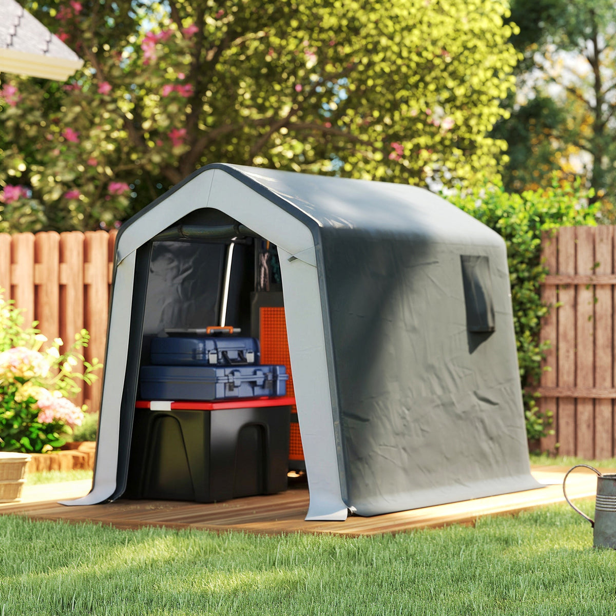 Gray inflatable garden storage shed with gray and black interior lining steel frame and all-weather cover for garden tools