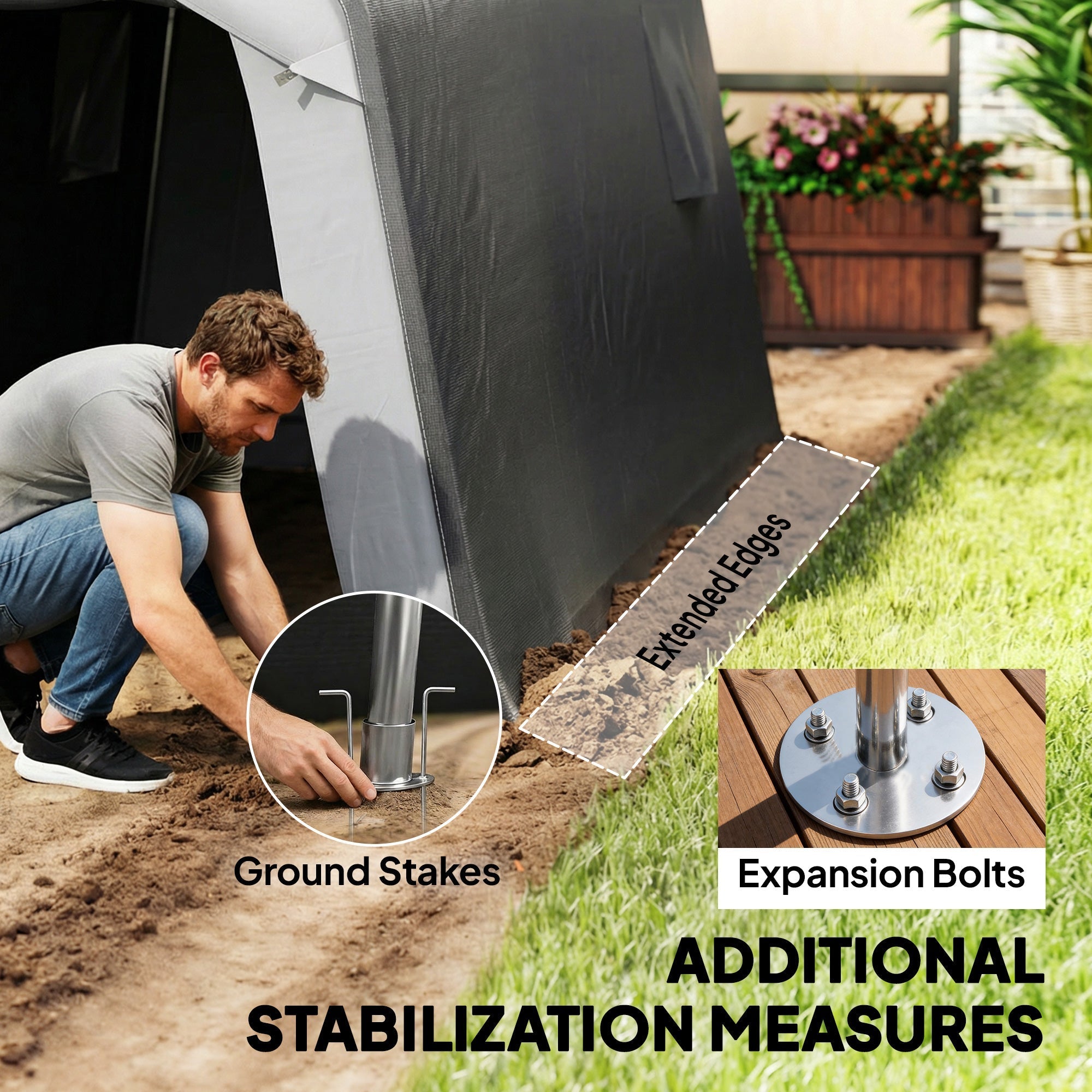 Silver metallic tent pole base with steel frame expansion bolts for stability in outsunny garden tools storage shed