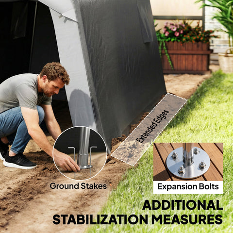 Silver metallic tent pole base with steel frame expansion bolts for stability in outsunny garden tools storage shed