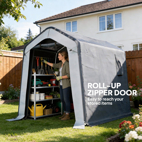 Gray outsunny inflatable garden storage shed with roll-up door steel frame and all-weather cover for garden tools storage