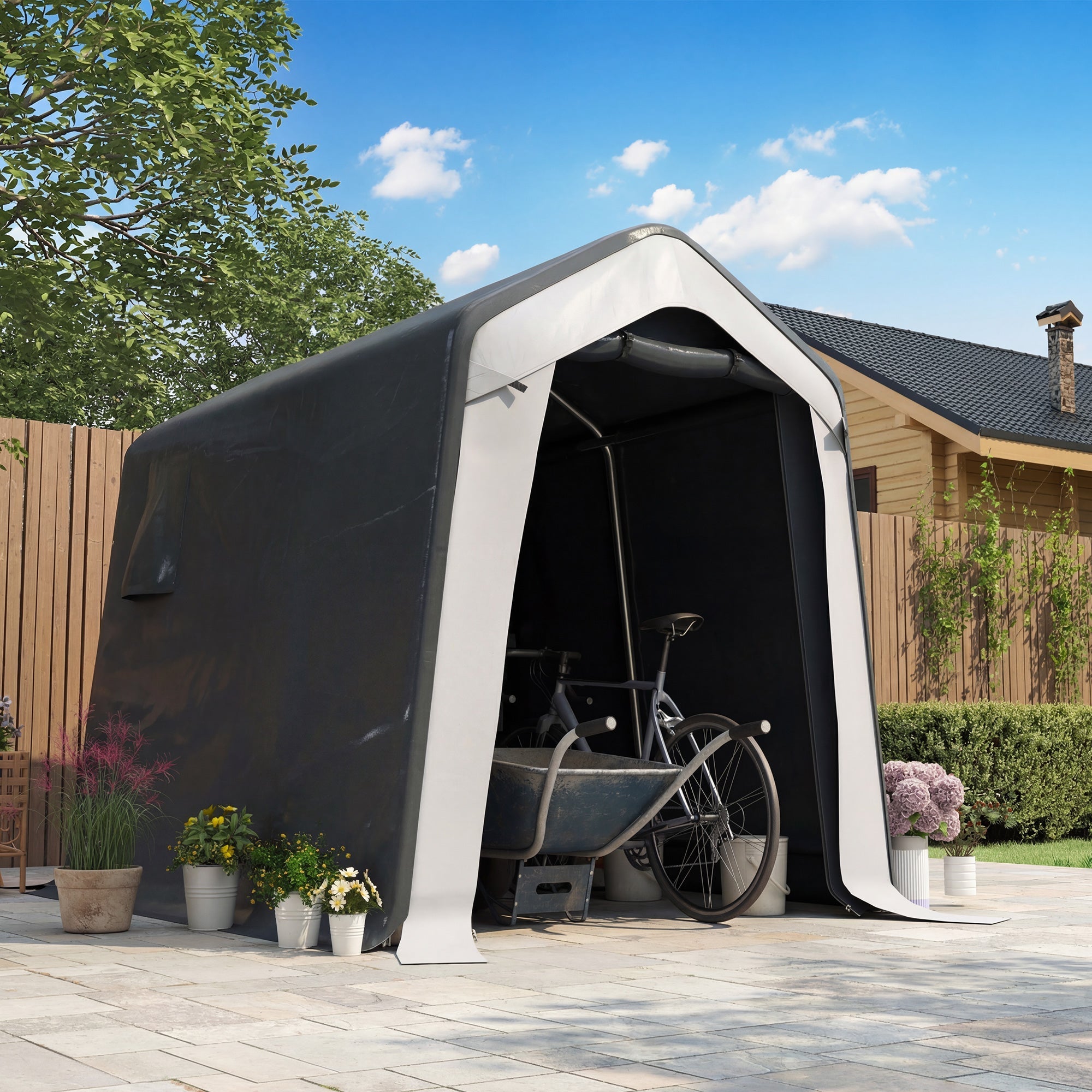 Black and white inflatable garden shed with steel frame and all-weather cover for garden tools and bike storage