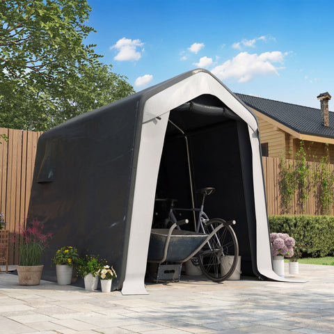 Black and white inflatable garden shed with steel frame and all-weather cover for garden tools and bike storage