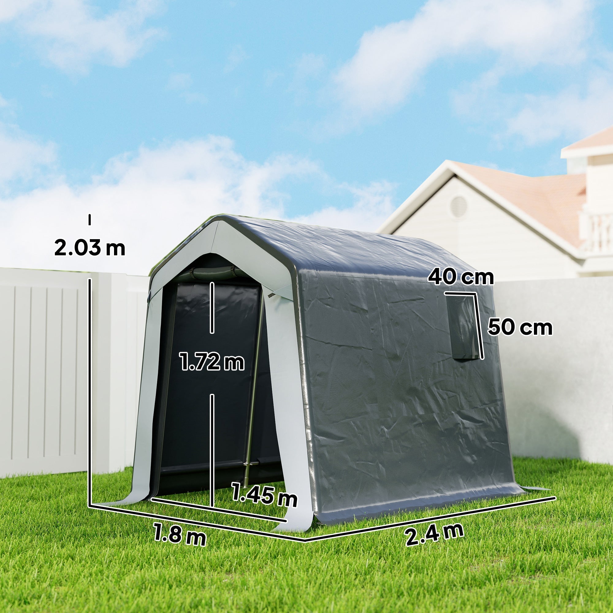 Black inflatable garage tent with gray trim and small window features steel frame and all-weather cover for garden tools storage