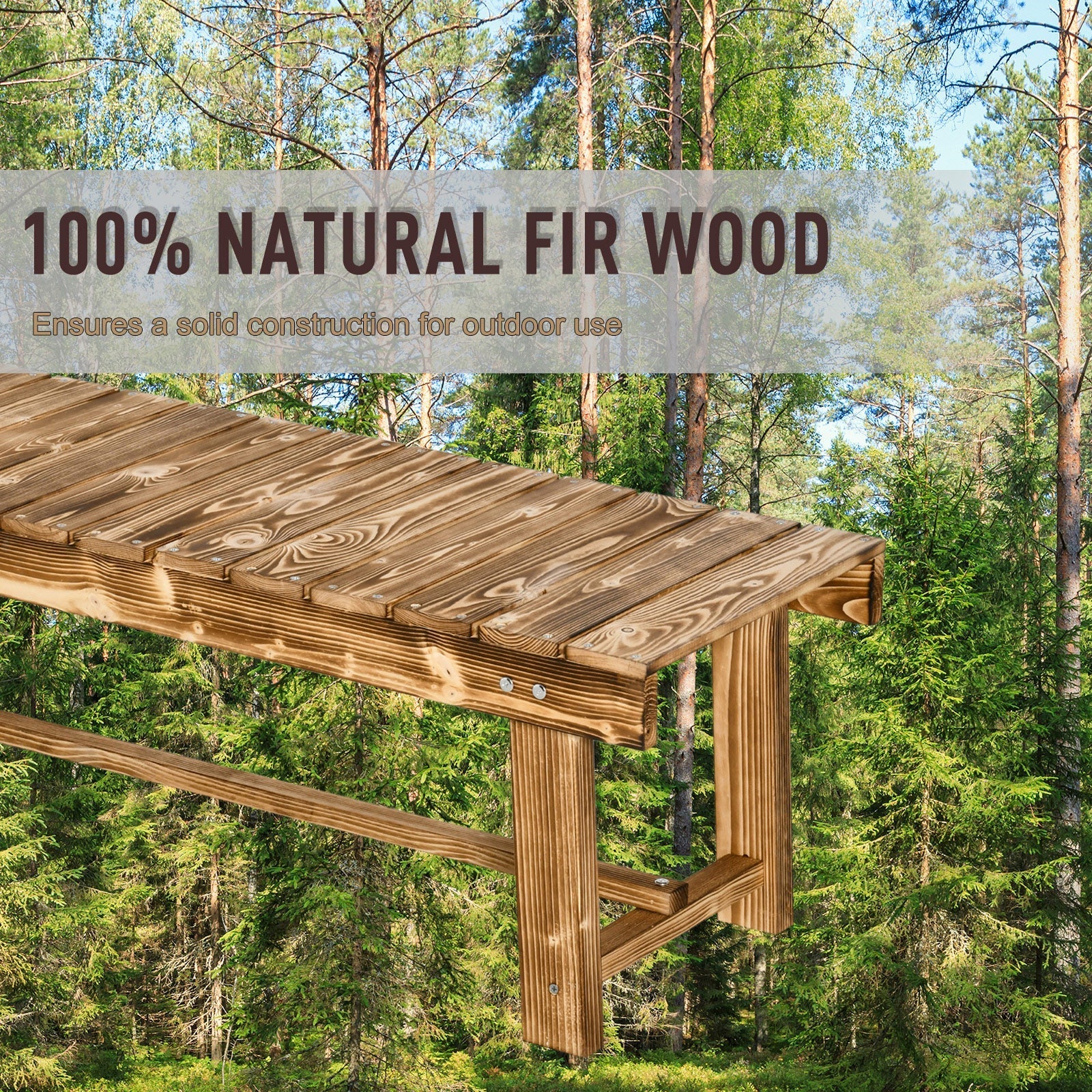 A rustic 110l x 38w wooden garden bench made of solid fir wood with a warm brown carbonised finish
