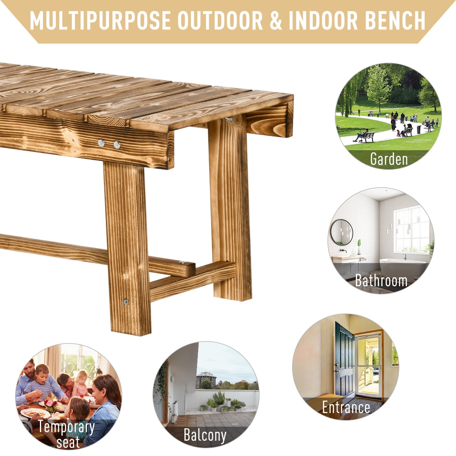 Sturdy outdoor indoor 2-seater bench in solid fir wood with natural brown finish and visible wood grain 110l x 38w cm