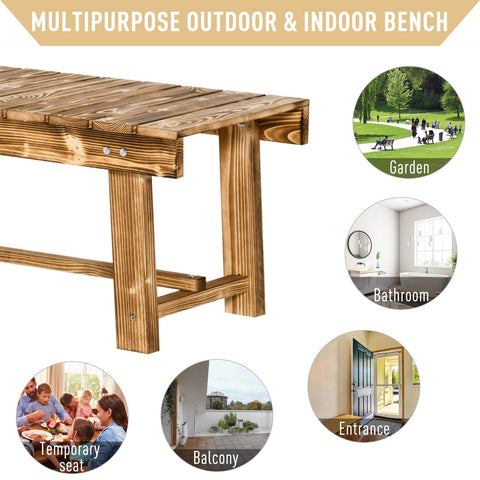 Sturdy outdoor indoor 2-seater bench in solid fir wood with natural brown finish and visible wood grain 110l x 38w cm