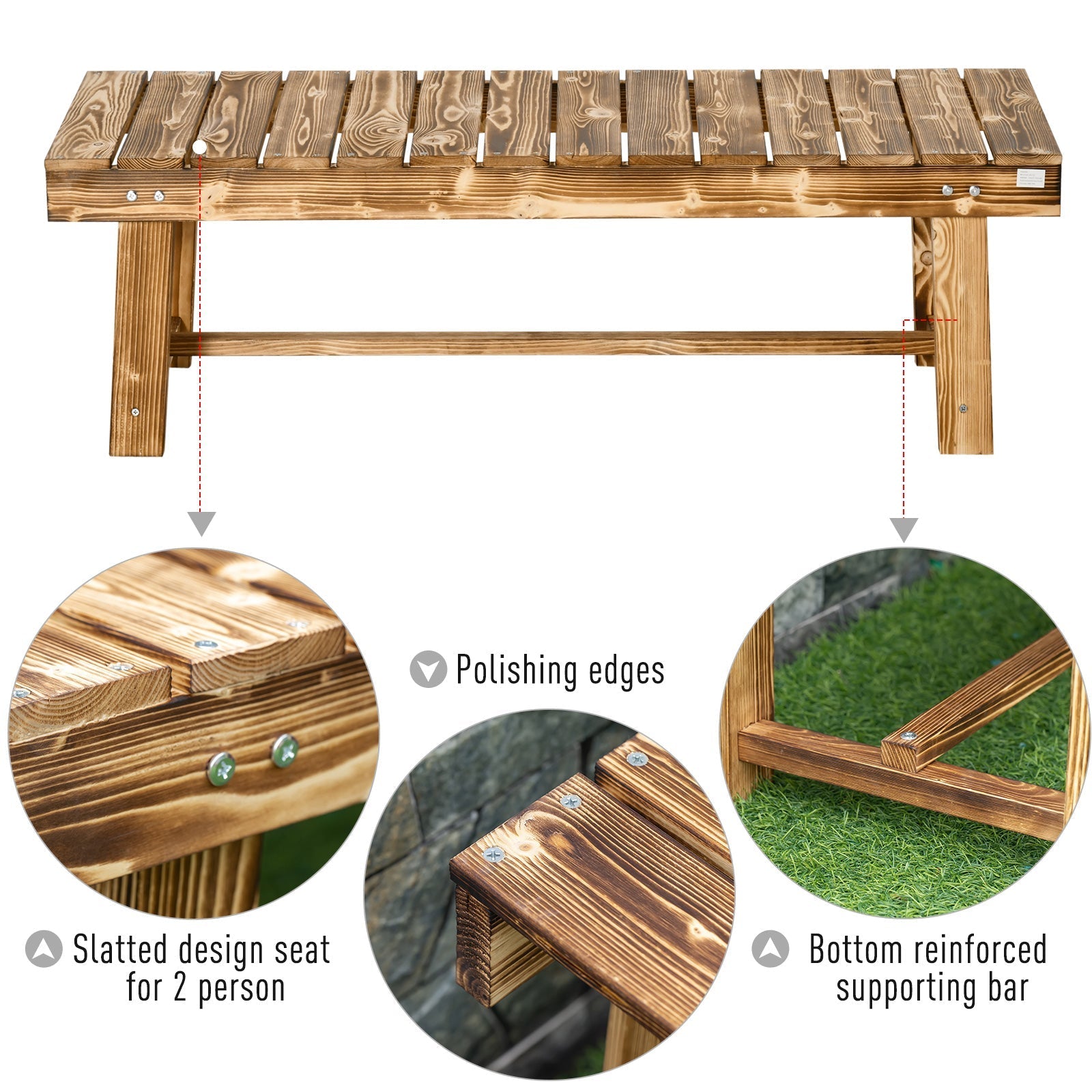 A rustic outdoor indoor 2-seater garden bench made of solid fir wood with a natural finish 110l x 38w cm