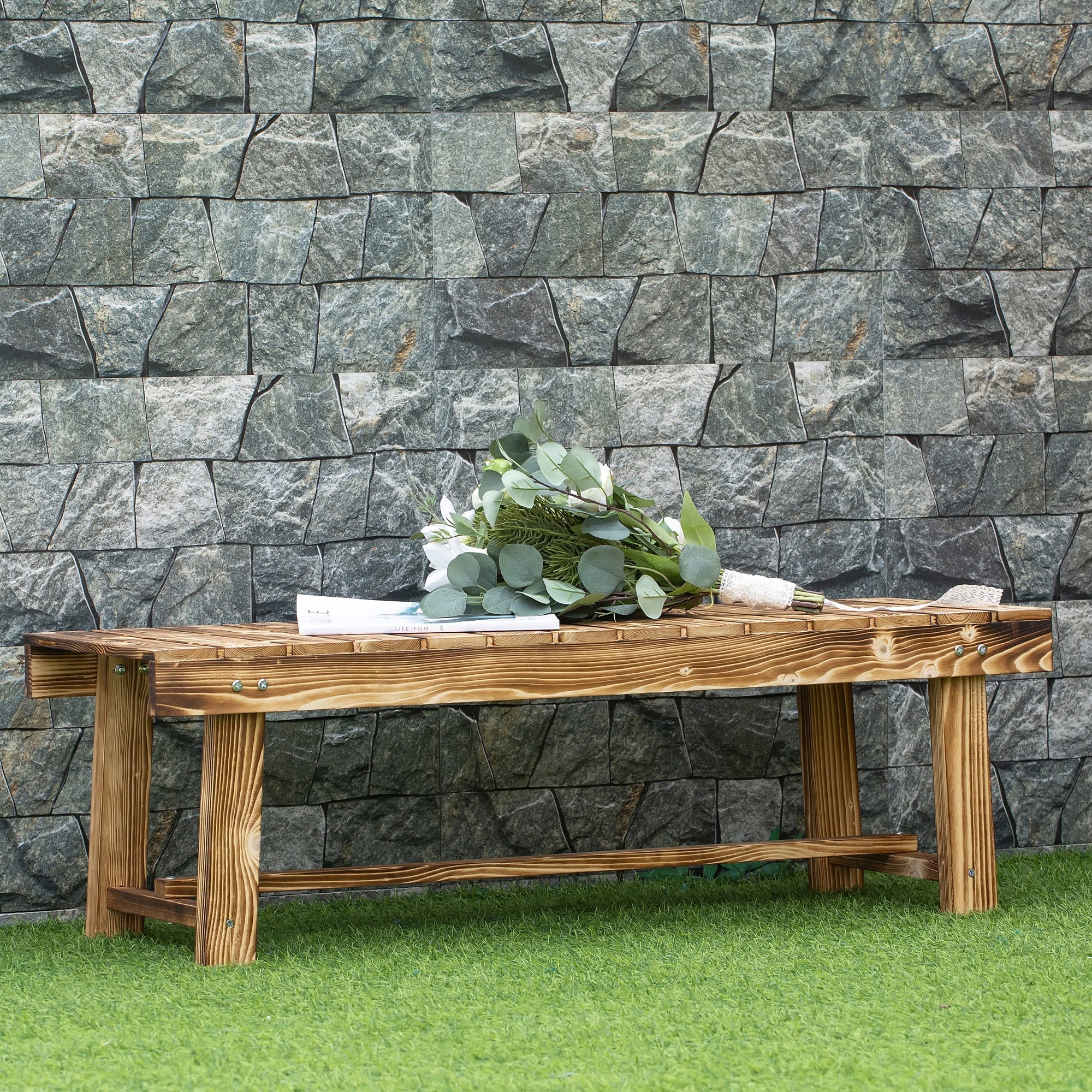 Outsunny 2-seater outdoor indoor bench made of solid fir wood with natural finish and sturdy metal fasteners 110l x 38w cm