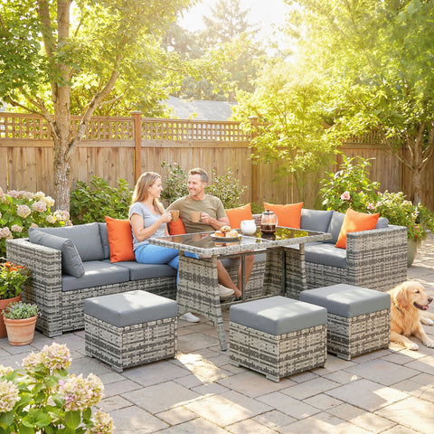 Gray wicker outdoor sectional with orange and gray cushions from outsunny 10 piece garden furniture set 68d x 64h