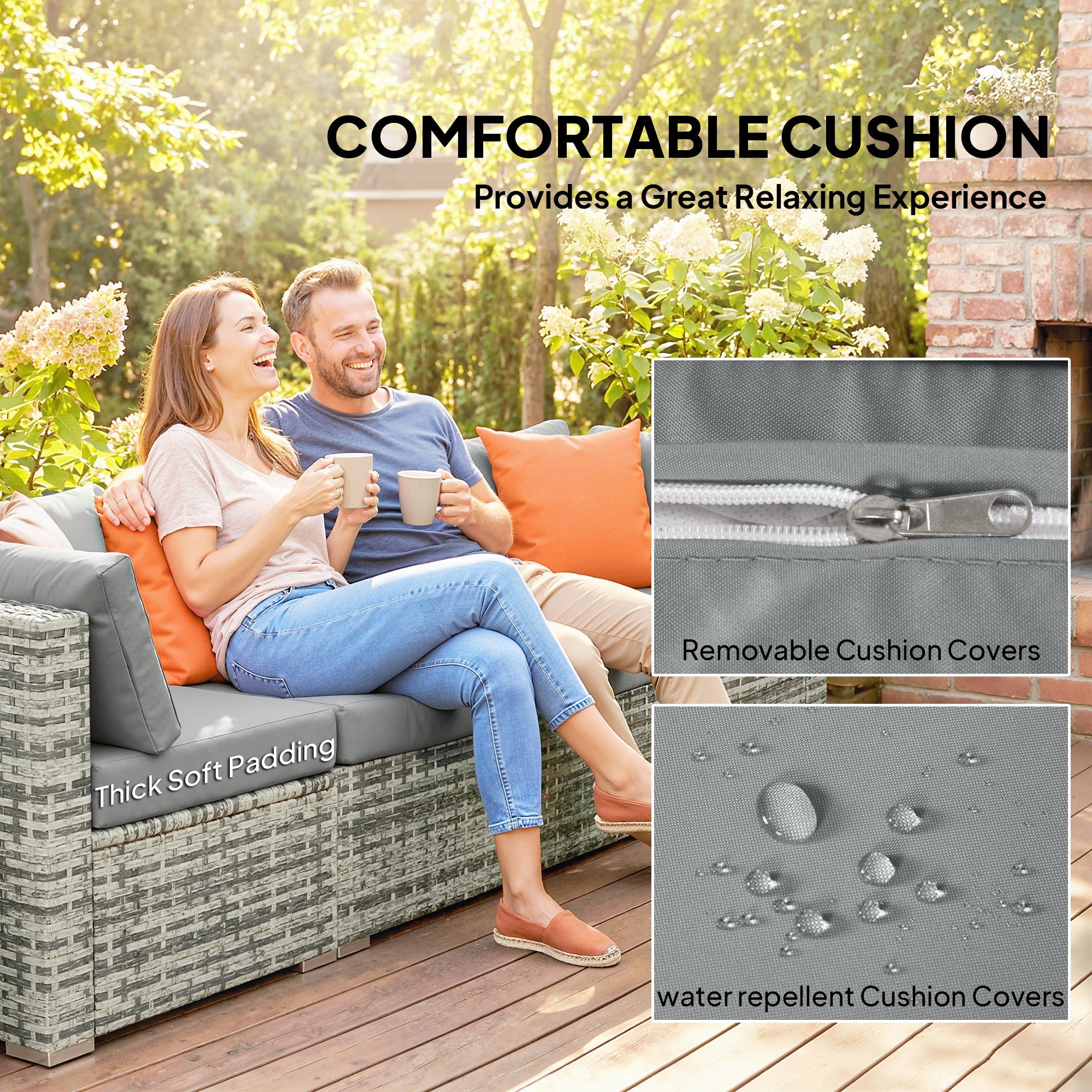 Gray woven outdoor sofa with plush removable covers in outsunny 10 piece rattan garden furniture set 68d x 64h