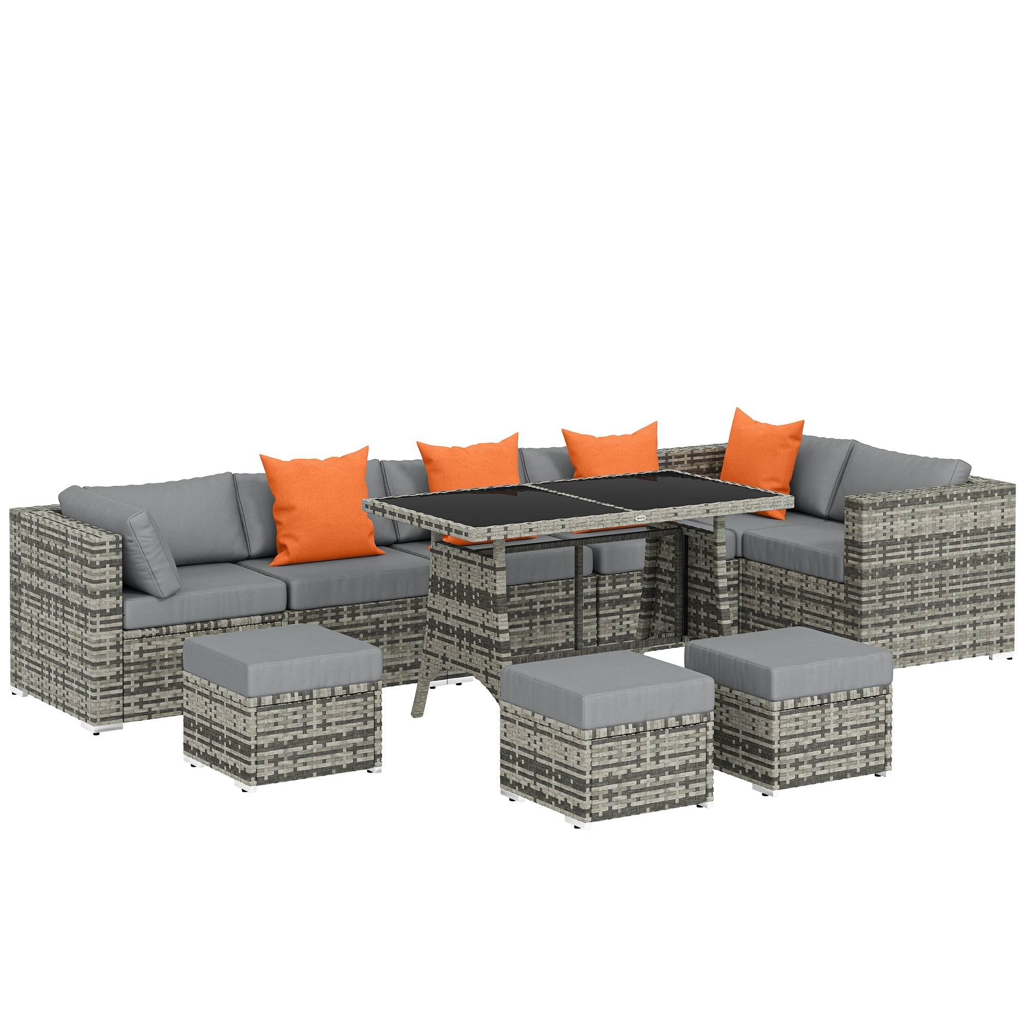 Gray woven wicker outsunny 10 piece garden furniture set with gray cushions and orange throw pillows 68d x 64h