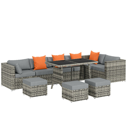 Gray woven wicker outsunny 10 piece garden furniture set with gray cushions and orange throw pillows 68d x 64h