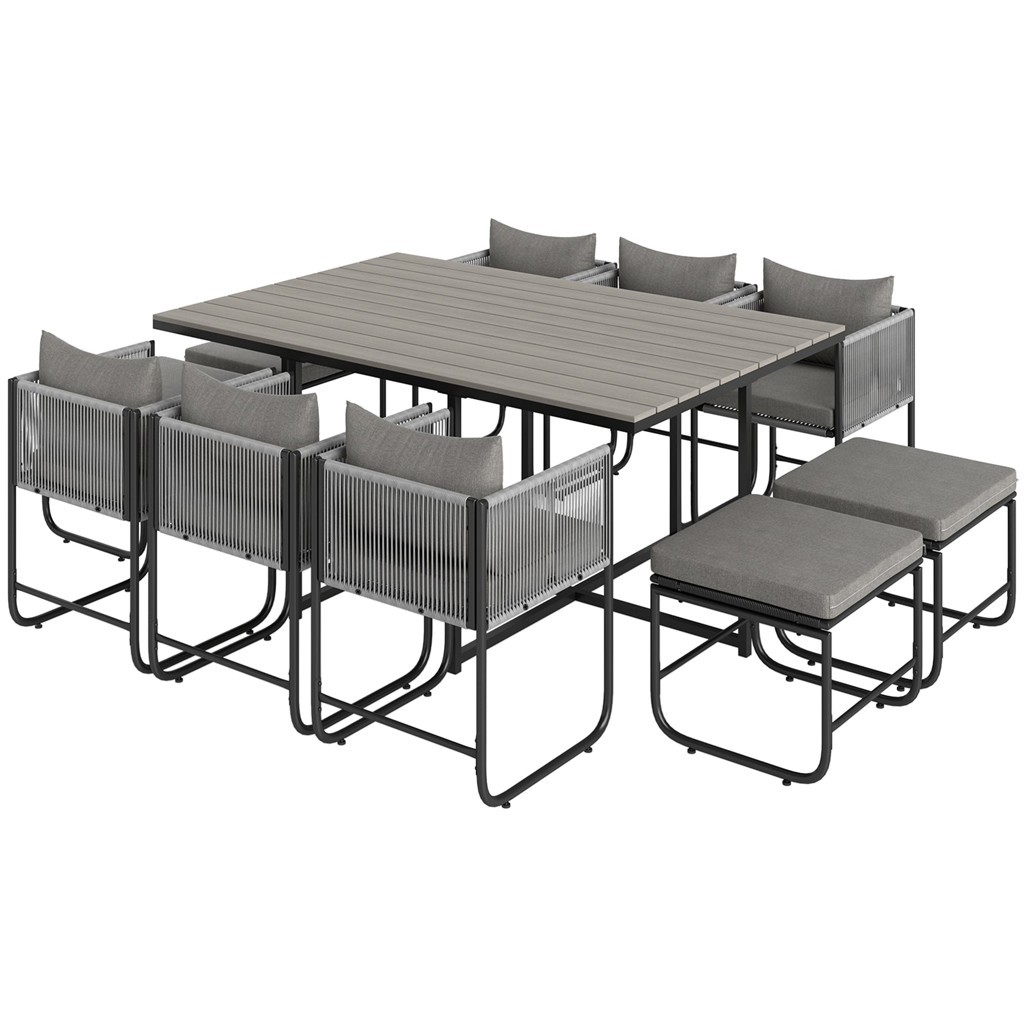 Modern gray outsunny 10 seater rattan dining set with woven rope frames and wood grain plastic tabletop outdoors