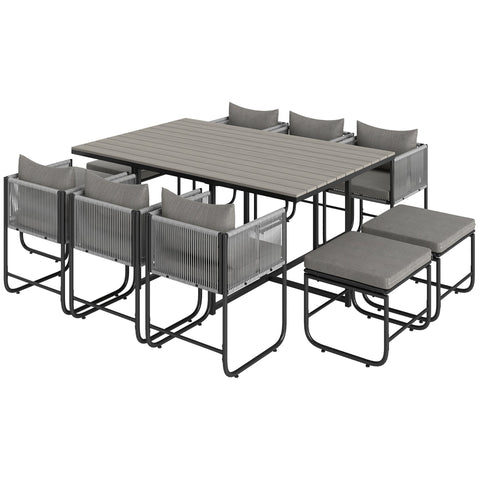 Modern gray outsunny 10 seater rattan dining set with woven rope frames and wood grain plastic tabletop outdoors