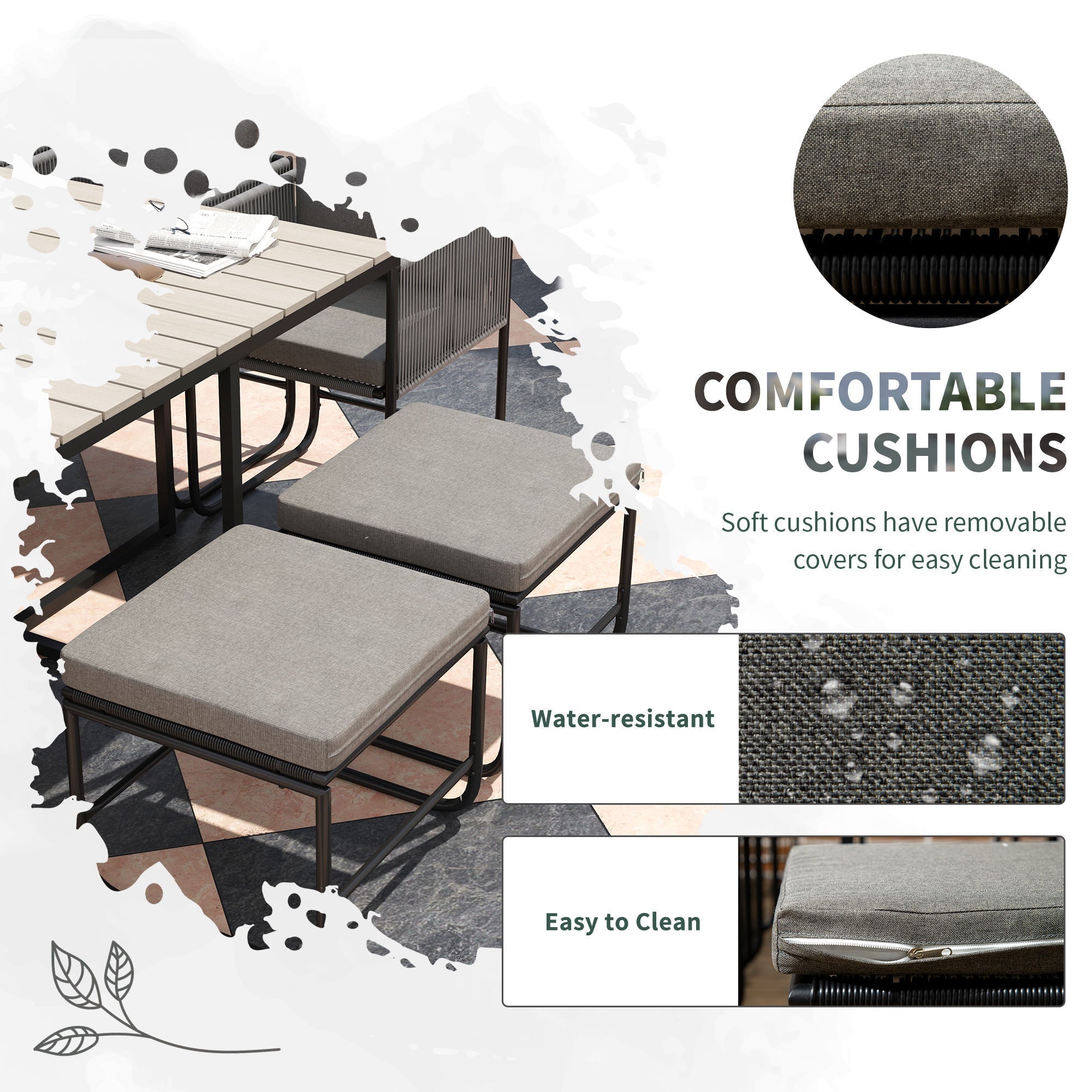 Grey fabric cushions with removable covers for outsunny 10 seater rattan set with wood grain plastic table top