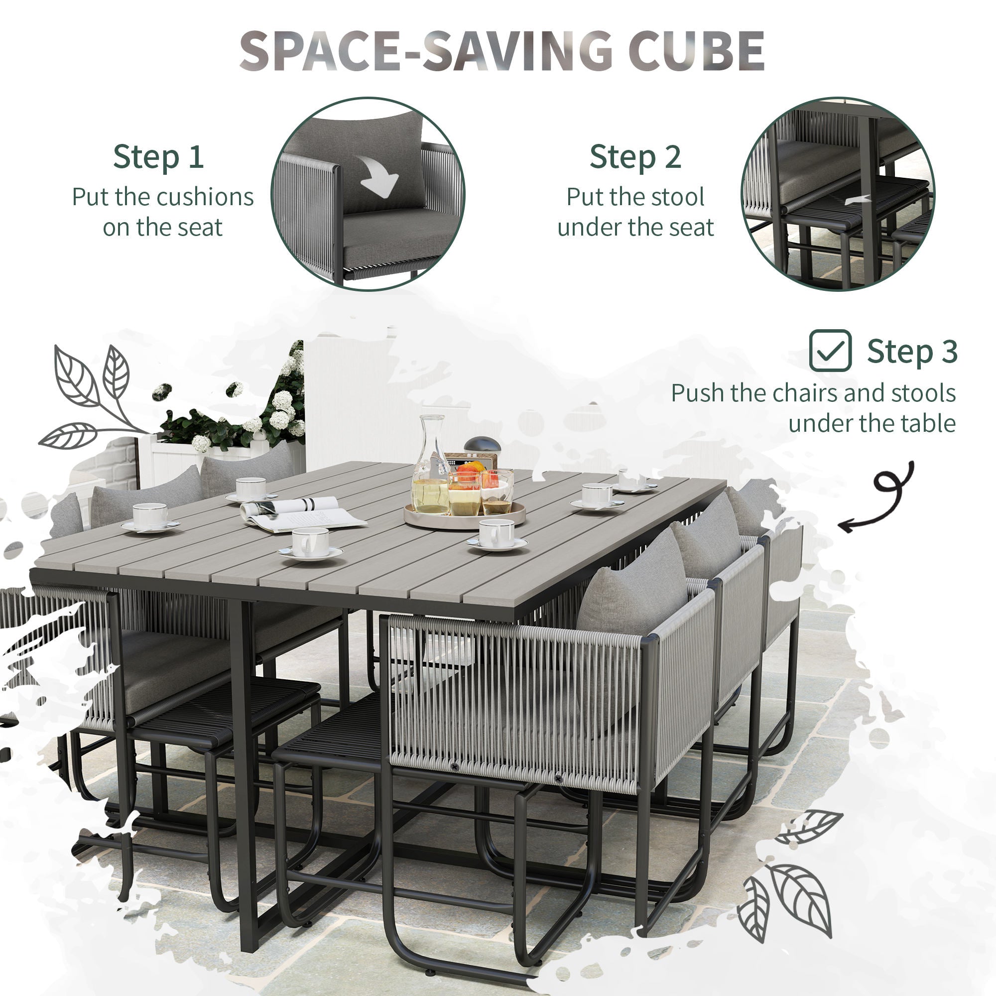 Outsunny 10 seater gray woven rope outdoor dining set with black metal frame and wood grain plastic top table