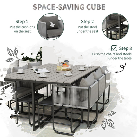 Outsunny 10 seater gray woven rope outdoor dining set with black metal frame and wood grain plastic top table