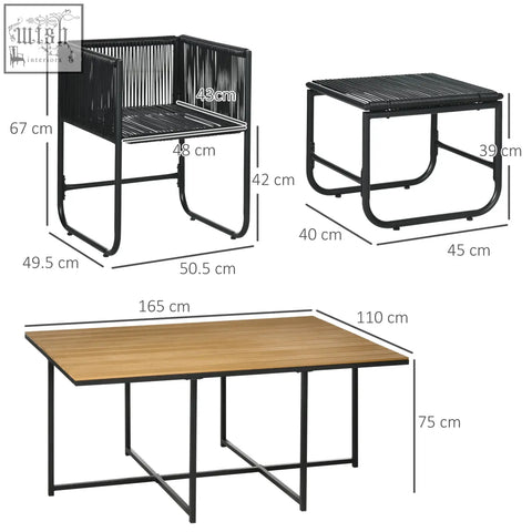 Modern black metal-framed outdoor dining set with wood grain plastic rectangular table and woven rattan chairs for patio use