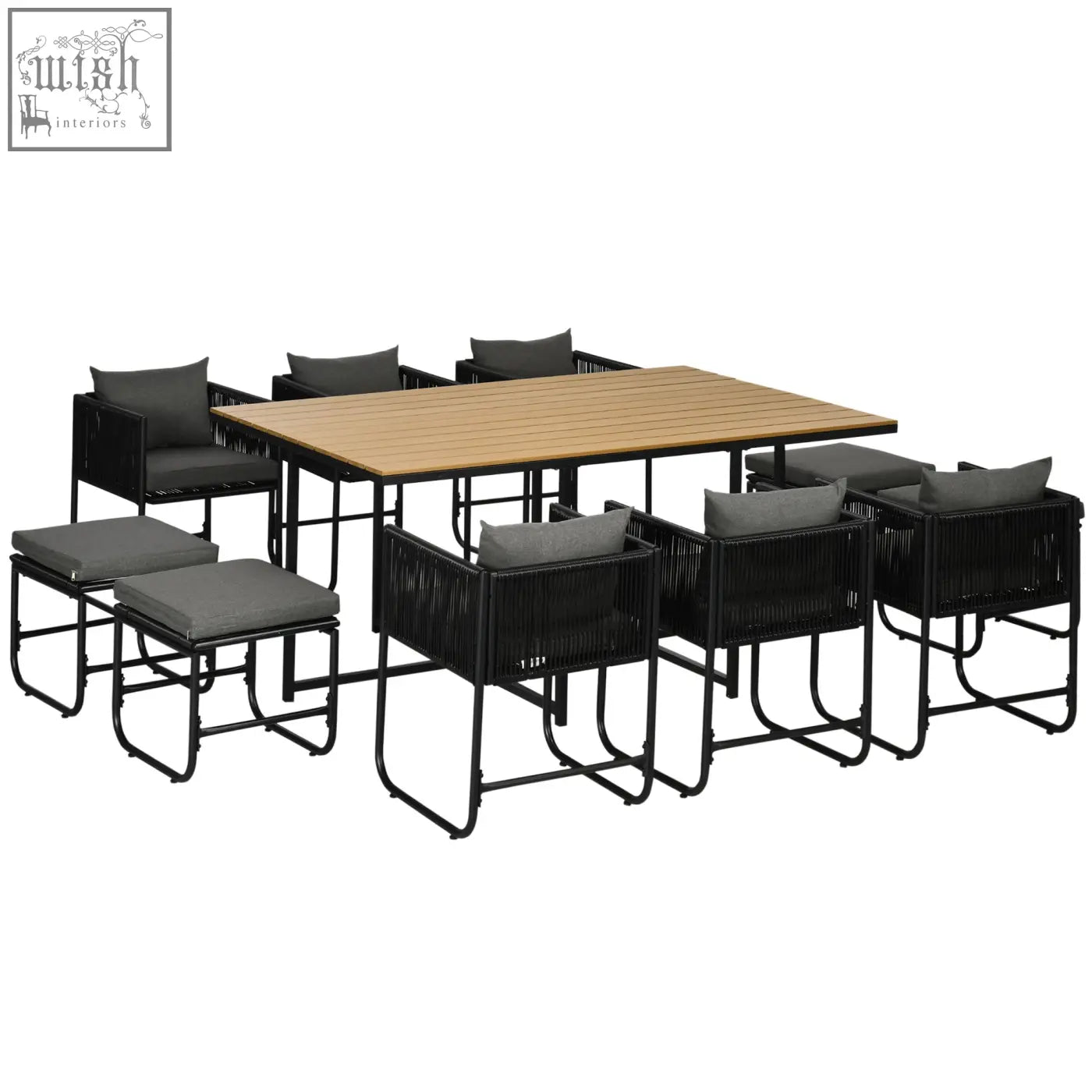 Outsunny 10 seater black woven rattan outdoor dining set with gray cushions and wood grain plastic rectangular table