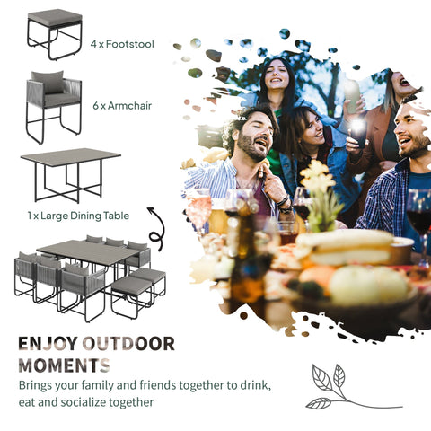 Gray woven wicker outdoor dining table with black metal frame and wood grain plastic top from outsunny 10 seater set