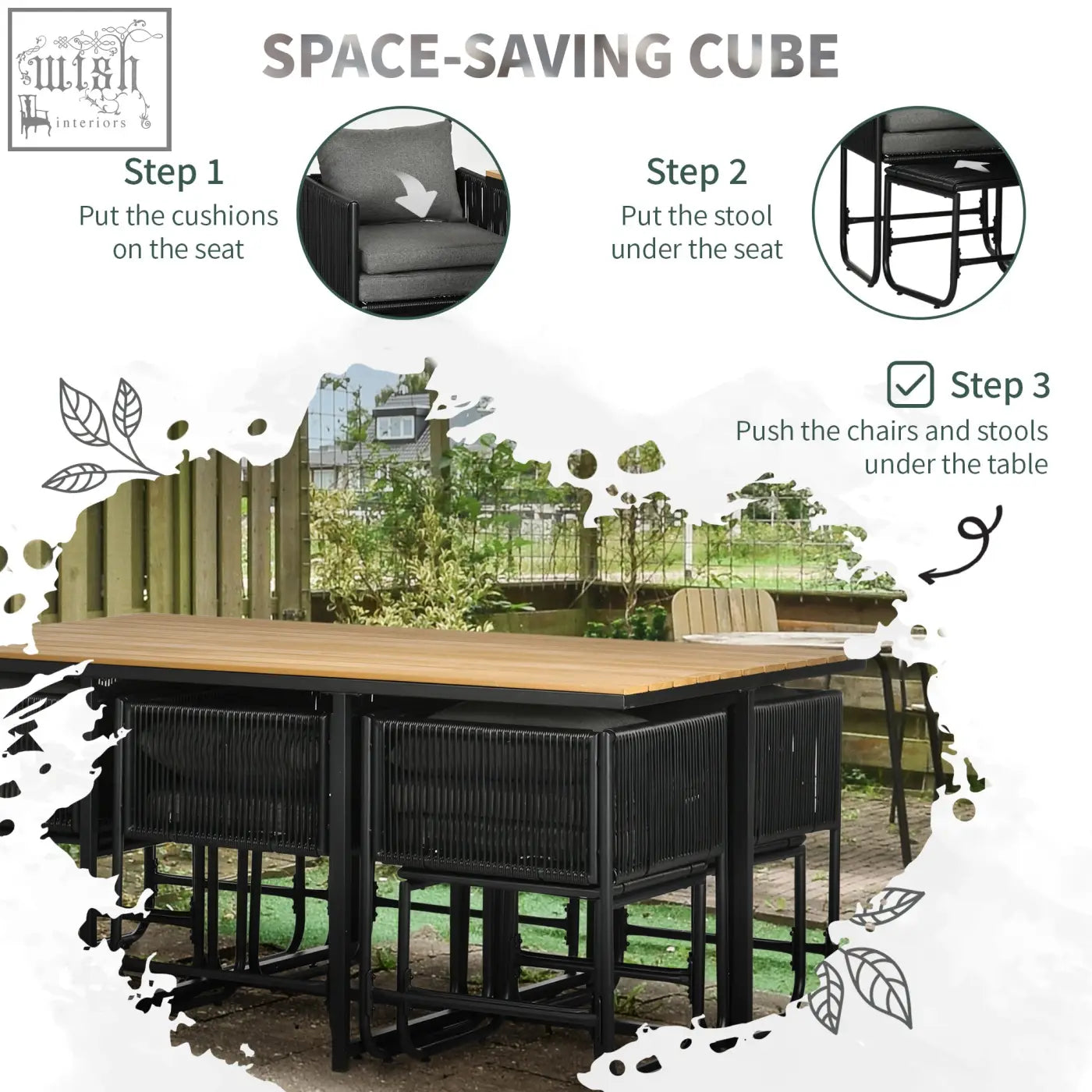 Outsunny 10 seater black woven resin outdoor dining set with wood grain plastic rectangular table and cushions