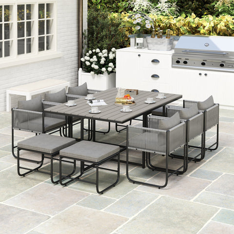 Outsunny 10 seater gray rattan outdoor dining set with cushioned woven rope chairs and wood grain plastic top table