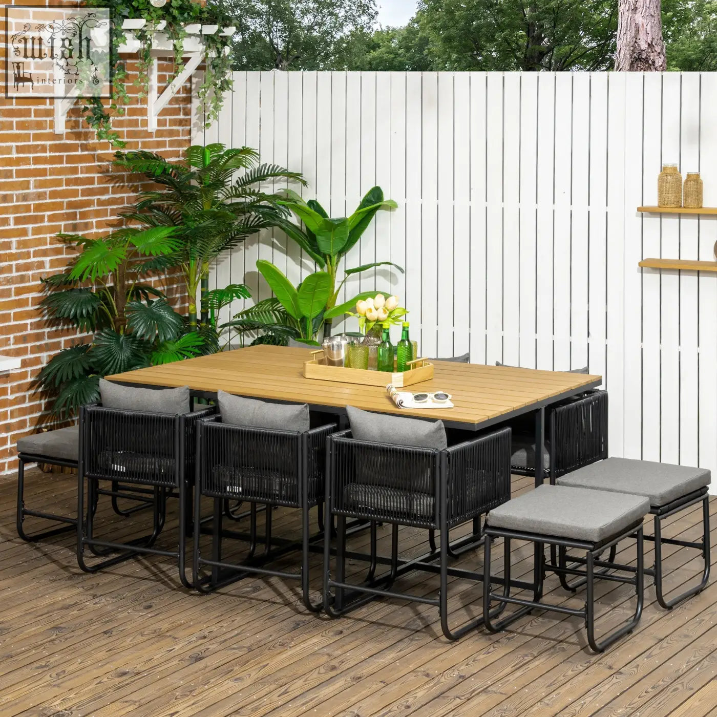 Modern outsunny 10 seater outdoor dining set with black rattan chairs gray cushions and wood grain plastic table top