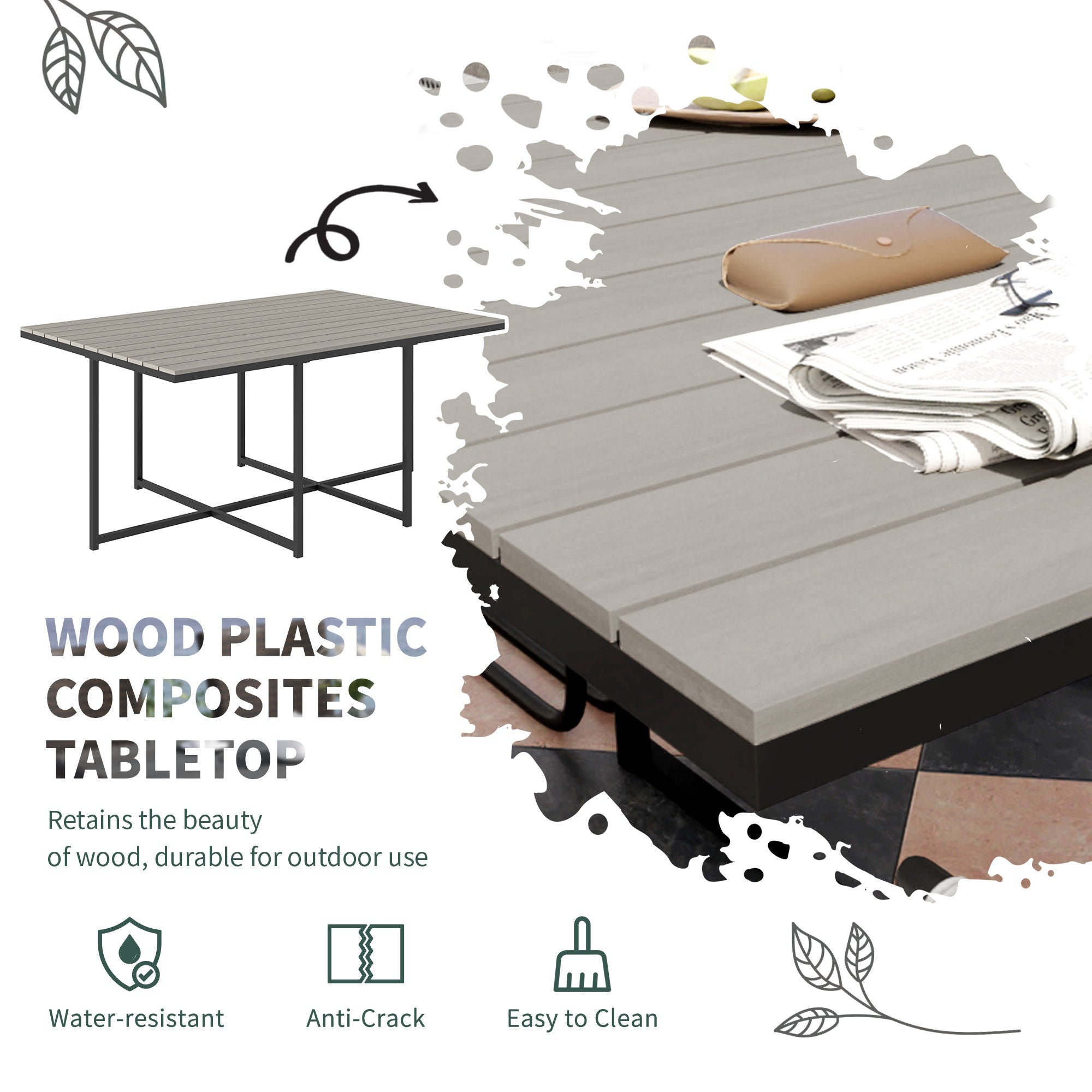 Outsunny 10 seater rattan garden furniture set with gray wood grain plastic tabletop and black metal legs for outdoor dining