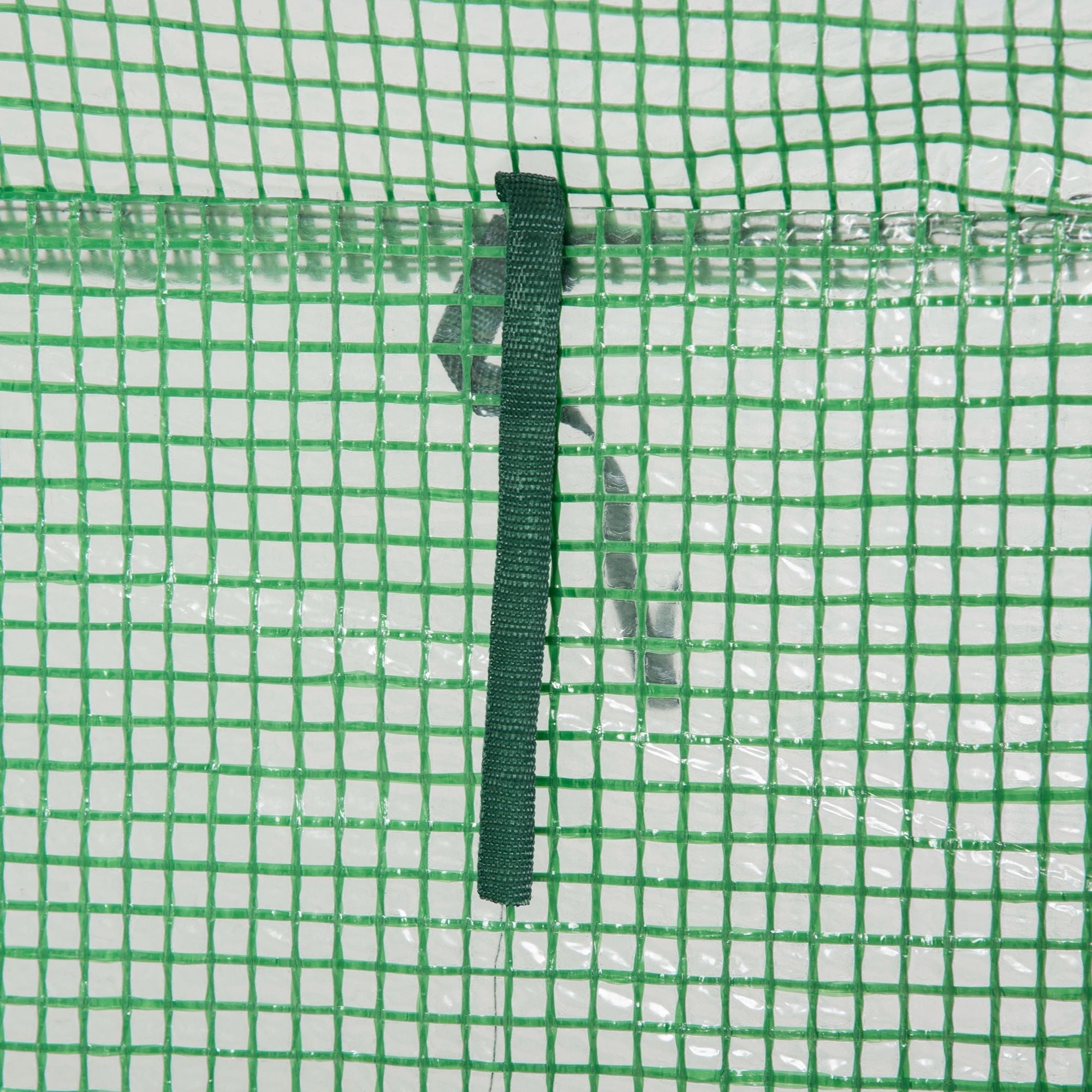 Outsunny tomato greenhouse with green mesh plastic cover and steel frame featuring dark green strap for outdoor spaces
