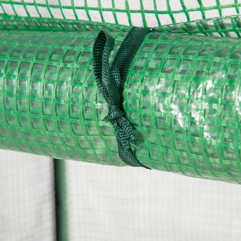 Green plastic mesh secured with a dark green strap on outsunny steel frame tomato greenhouse for outdoor spaces with plastic cover