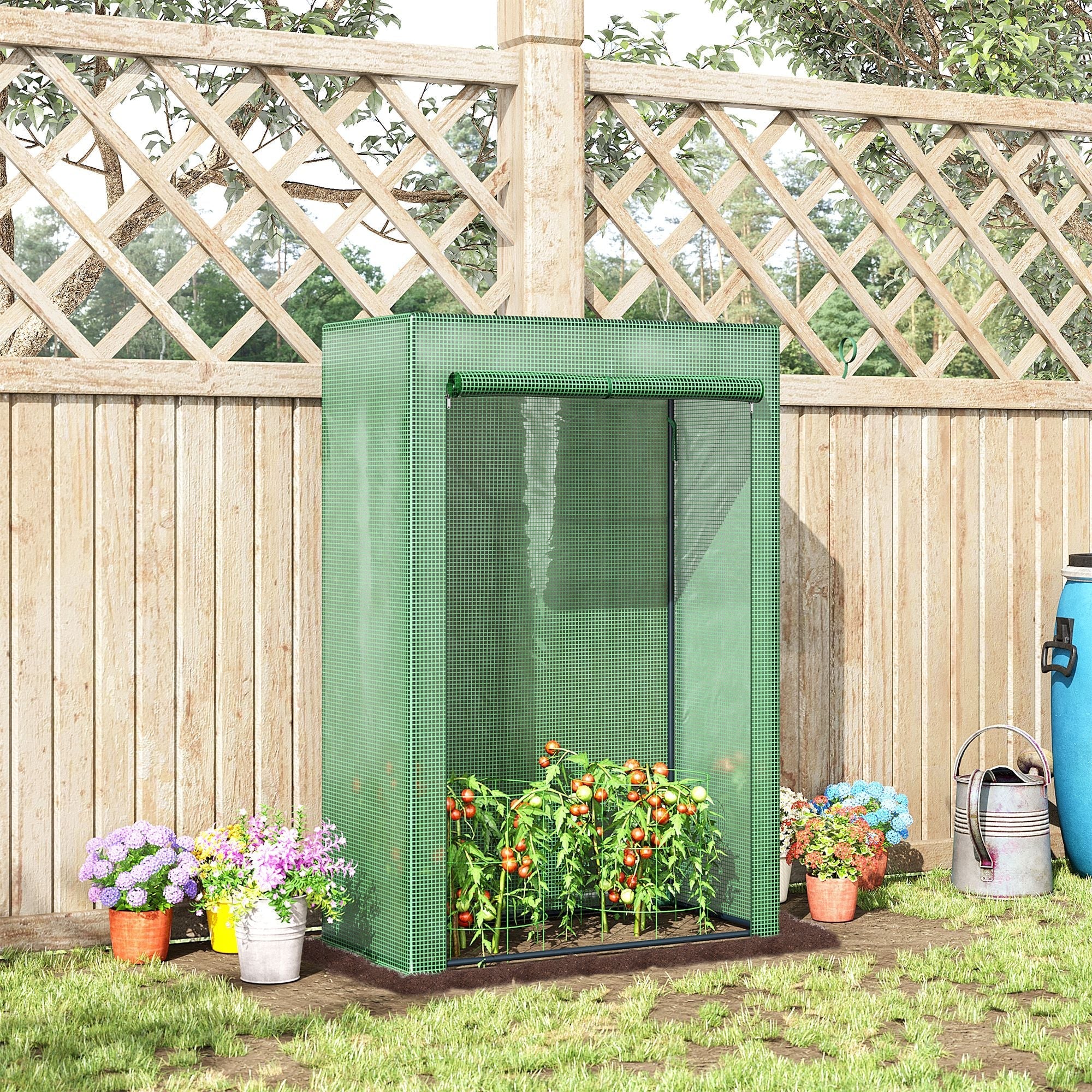 Green mesh tomato greenhouse with steel frame plastic cover and roll-up door for outdoor spaces backyard garden