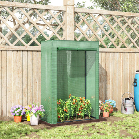 Green mesh tomato greenhouse with steel frame plastic cover and roll-up door for outdoor spaces backyard garden