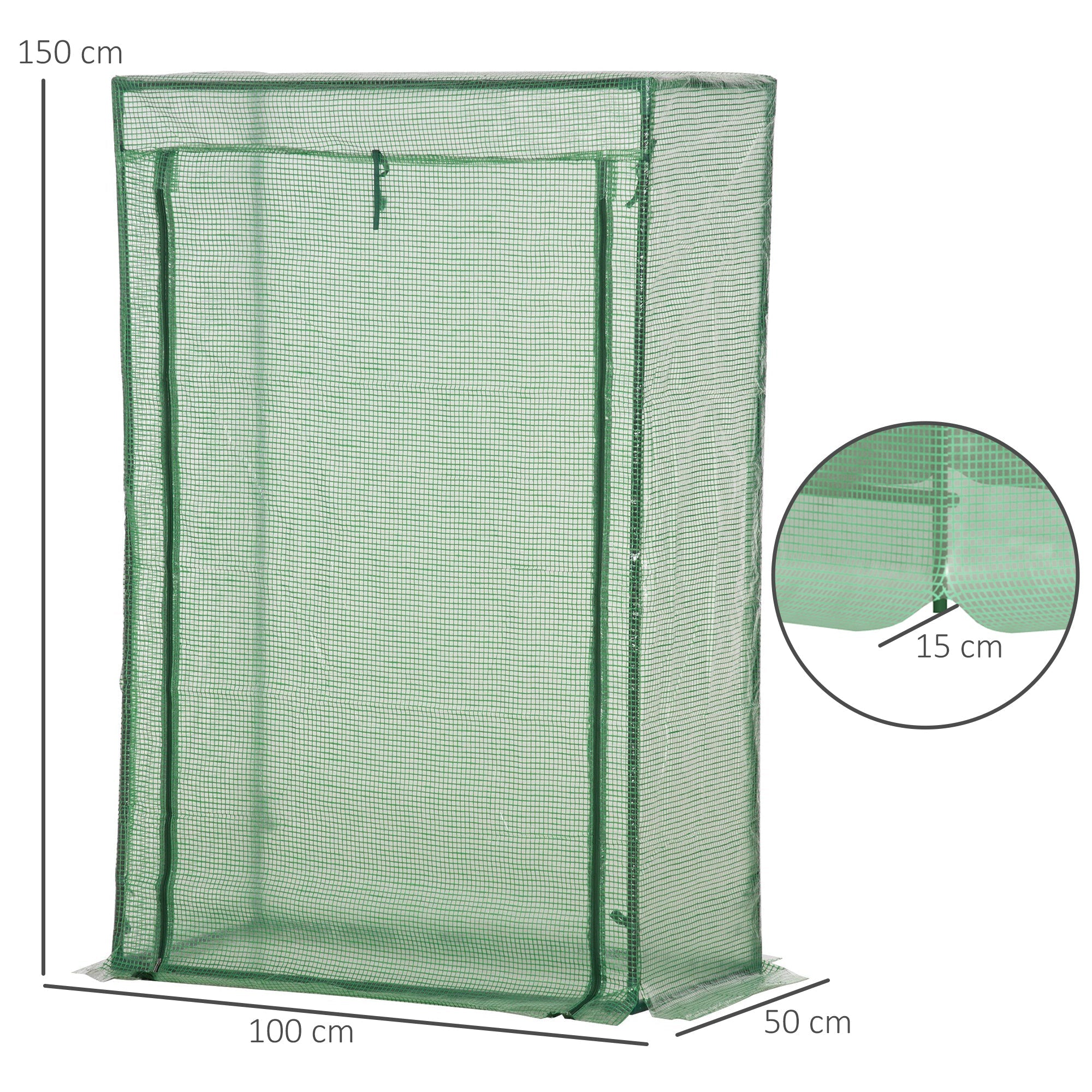 Green mesh greenhouse with steel frame and plastic cover, 150 cm tall for outdoor spaces like gardens and balconies