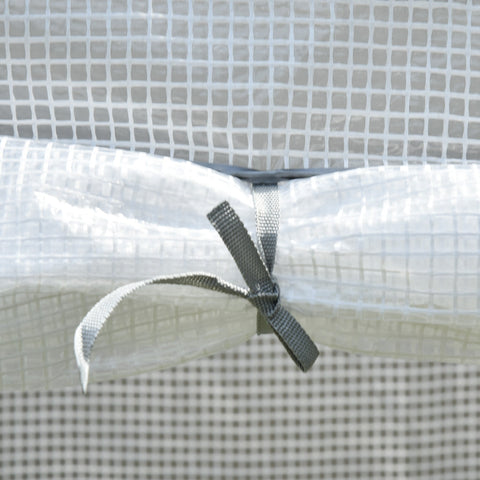 White translucent plastic cover with gray fabric tie on outsunny mini greenhouse with steel frame for outdoor spaces