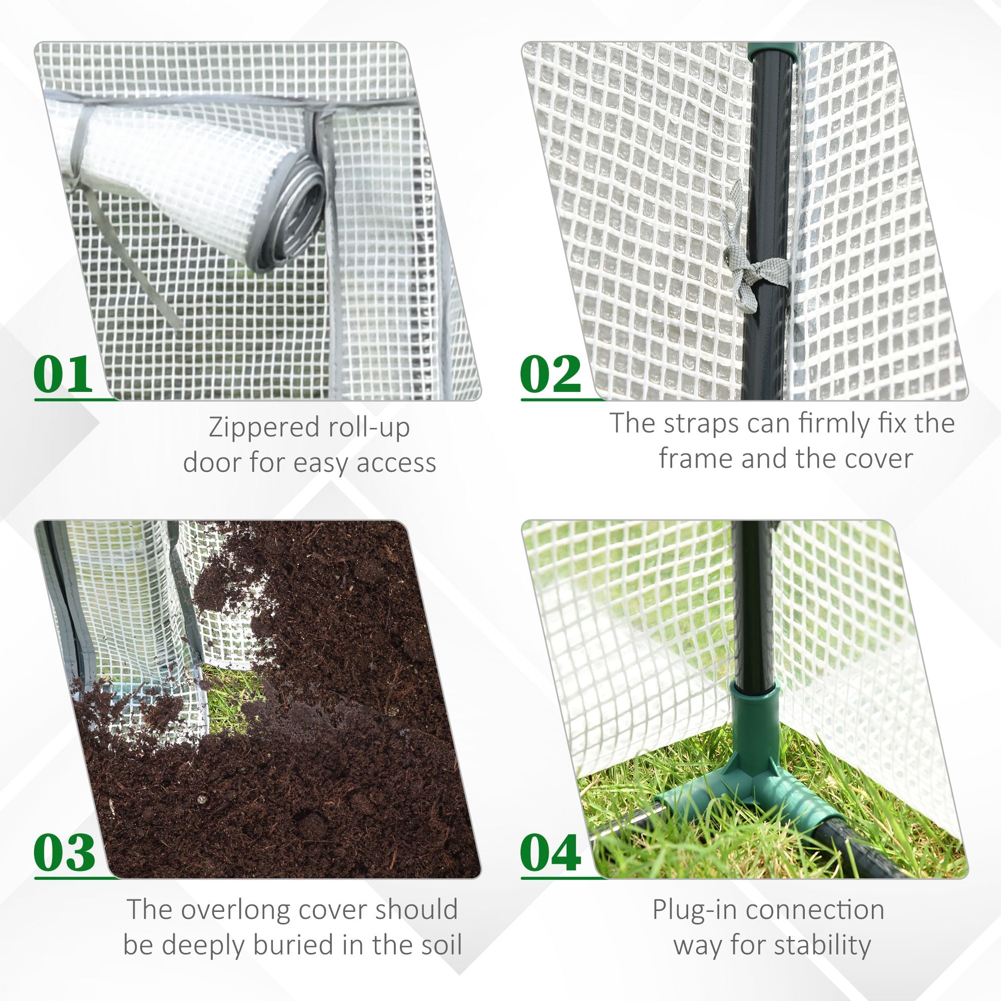 Green plastic mini greenhouse with white mesh cover steel frame and roll-up door for outdoor spaces like yards and balconies