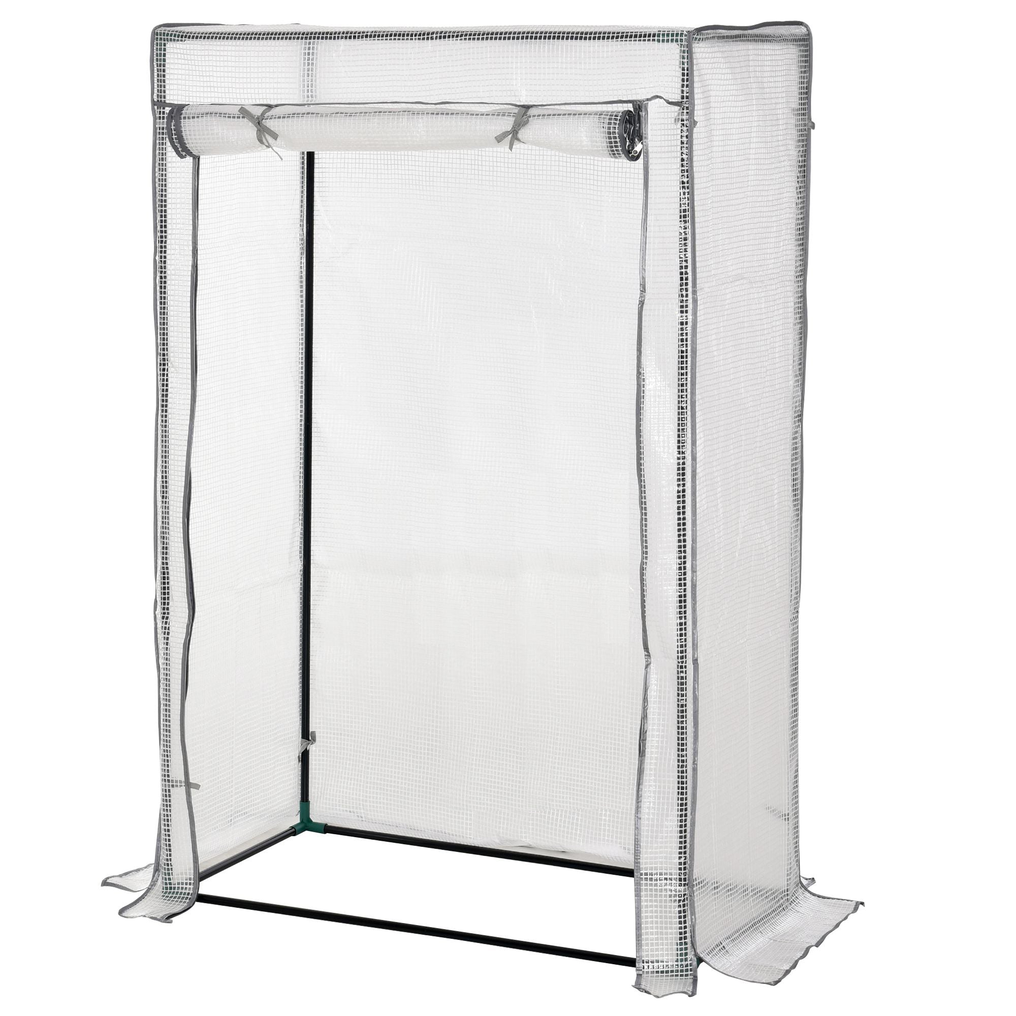 Clear mesh mini greenhouse with black steel frame and roll-up door for outdoor spaces like yard balcony or garden