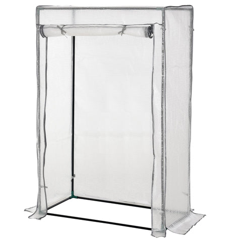 Clear mesh mini greenhouse with black steel frame and roll-up door for outdoor spaces like yard balcony or garden