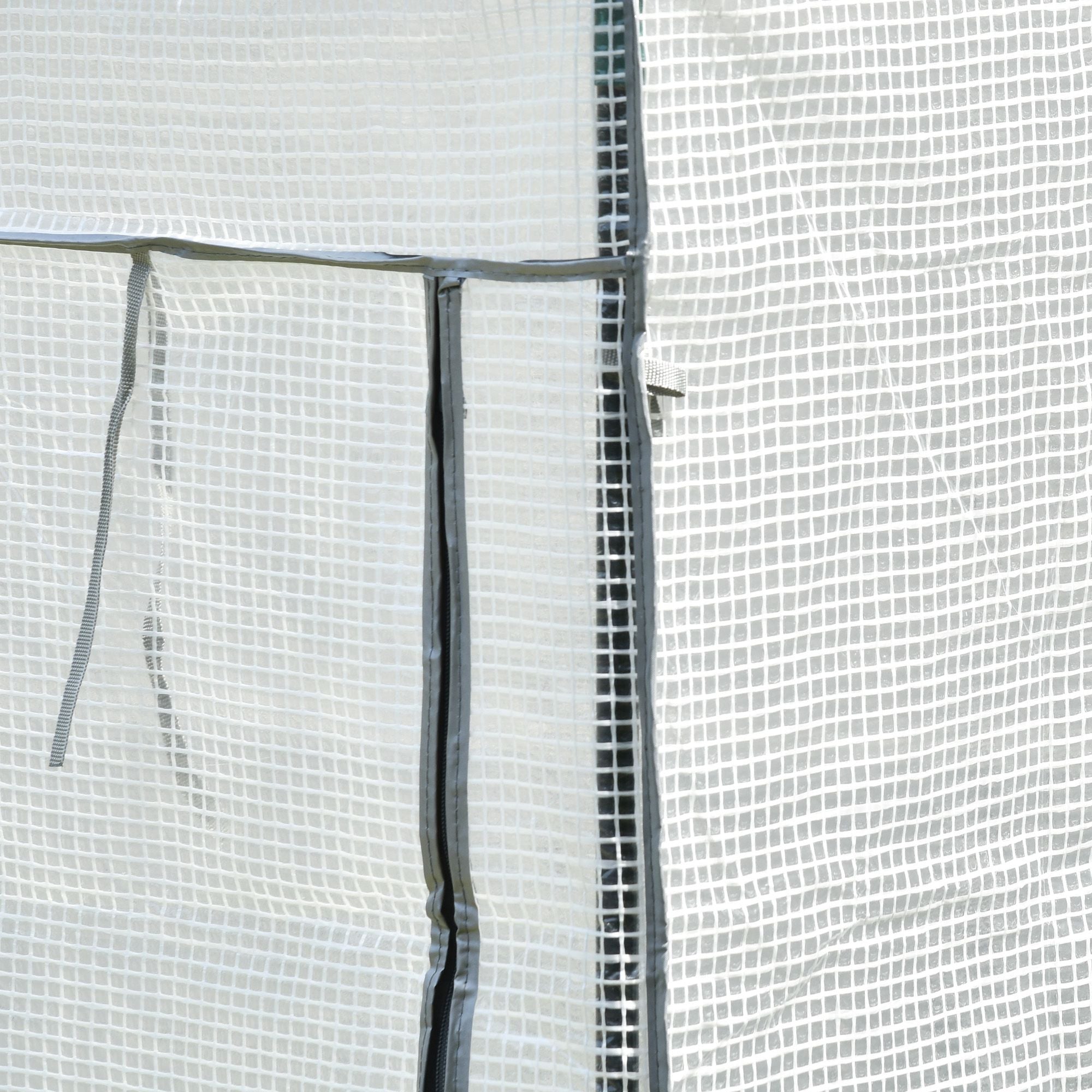 White mesh mini greenhouse cover with gray reinforced seams and steel frame for outdoor spaces and garden use