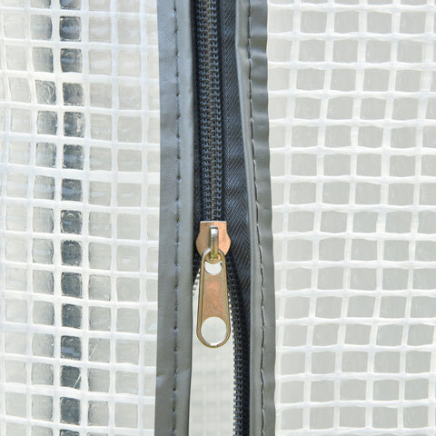 Gray zipper with brass pull tab on white mesh cover of outsunny mini greenhouse with steel frame for outdoor spaces