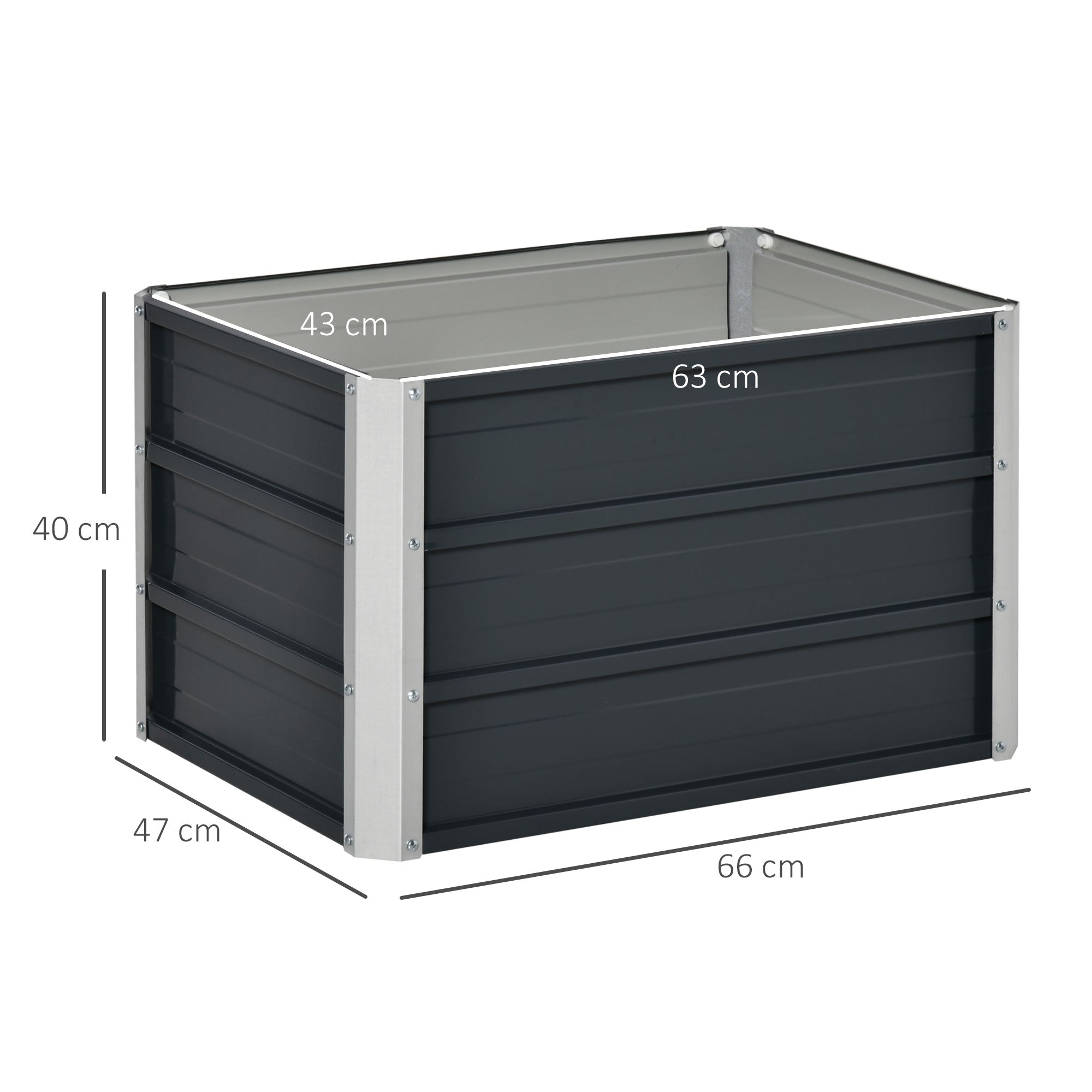 Black and silver rectangular galvanized steel raised garden bed with slatted design and installation gloves for backyard use