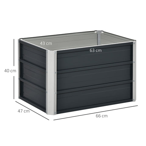 Black and silver rectangular galvanized steel raised garden bed with slatted design and installation gloves for backyard use