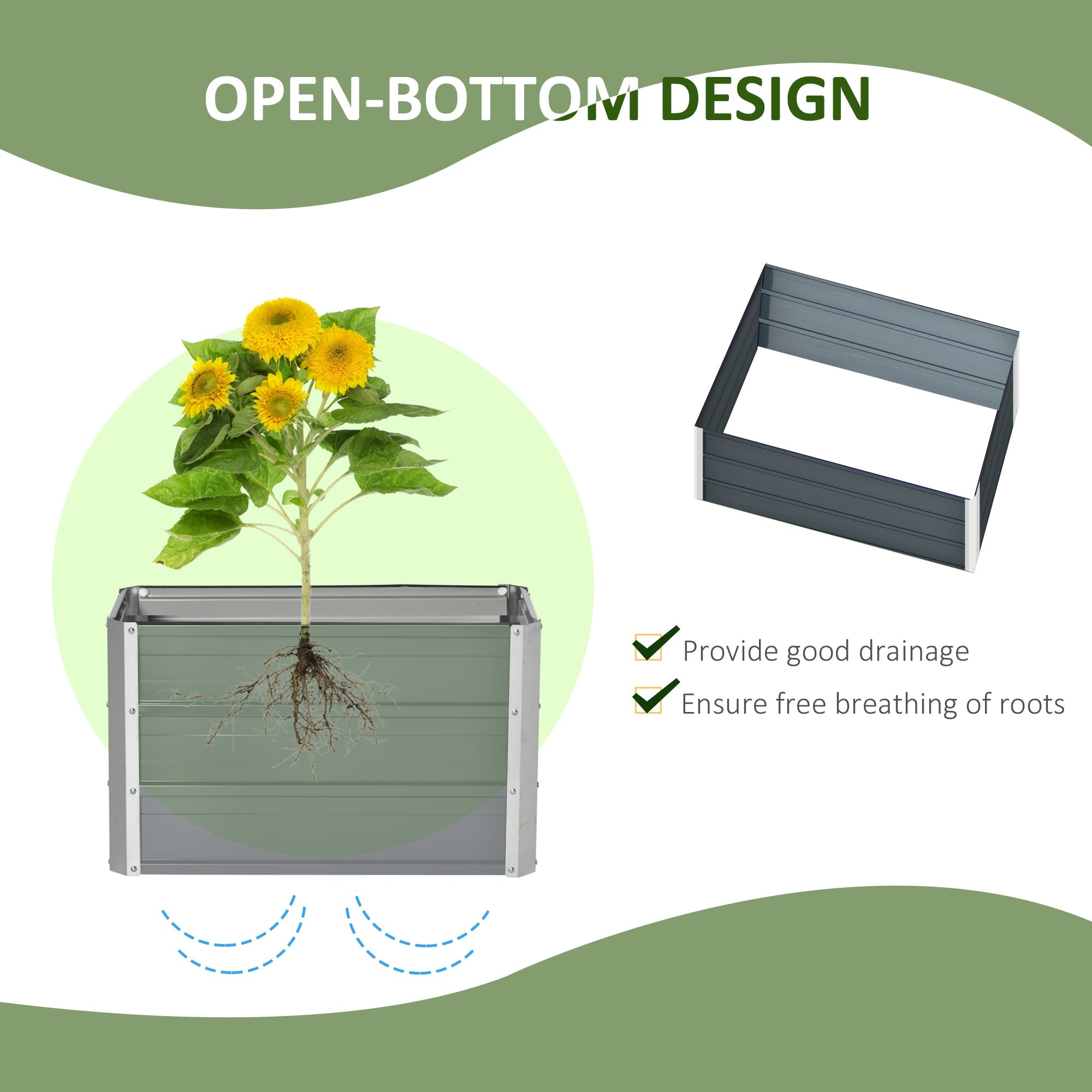 Gray metal raised garden bed with open bottom design and included installation gloves for backyard growing