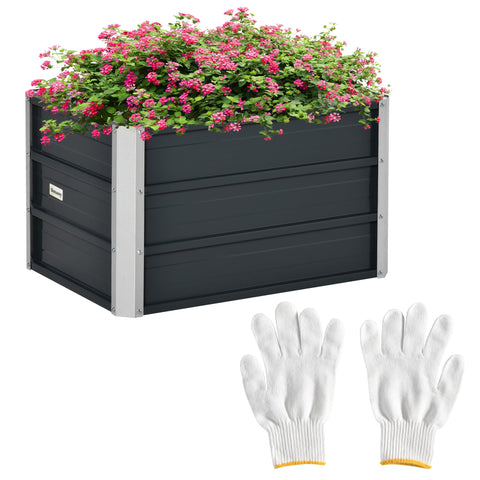Dark gray galvanized steel raised garden bed with silver corners and pink flowers includes installation gloves for patios
